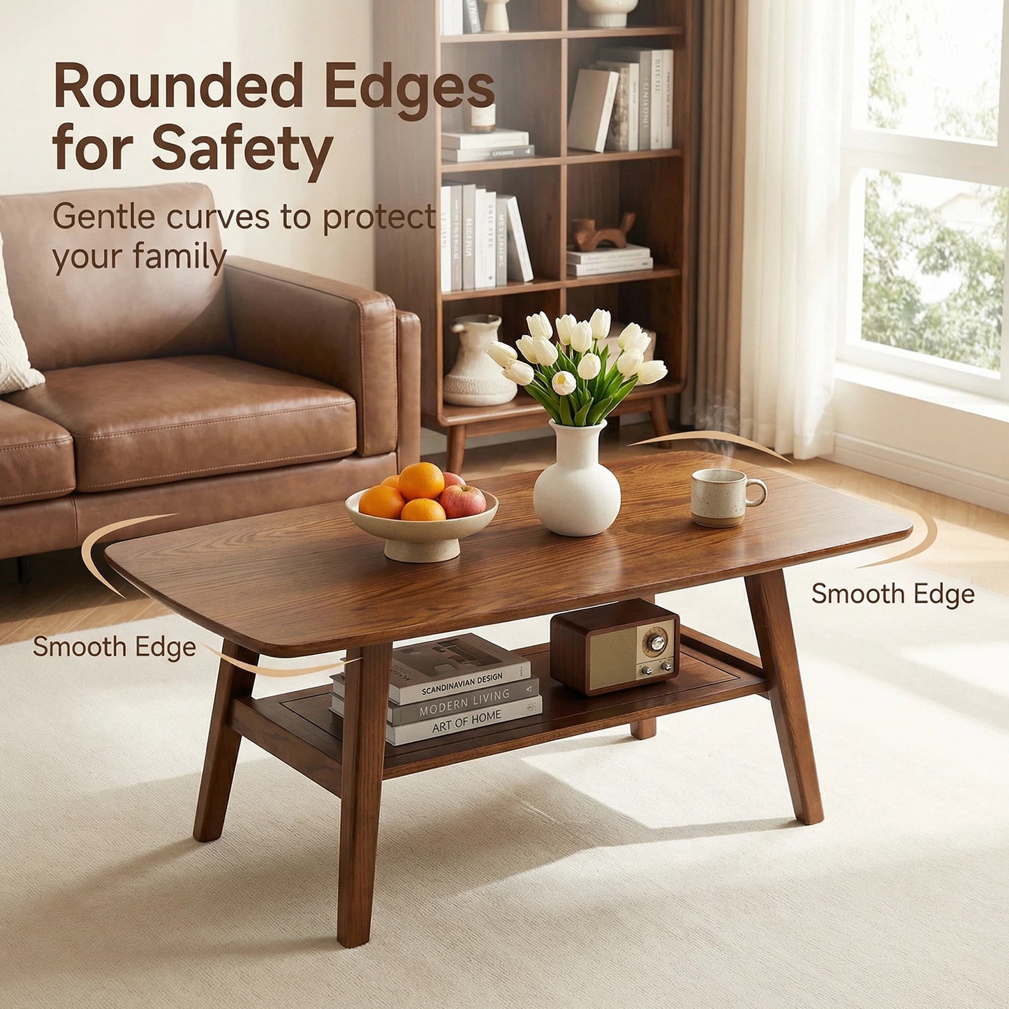 Mid Century Modern Coffee Table, Solid Oak Wood Table With Storage