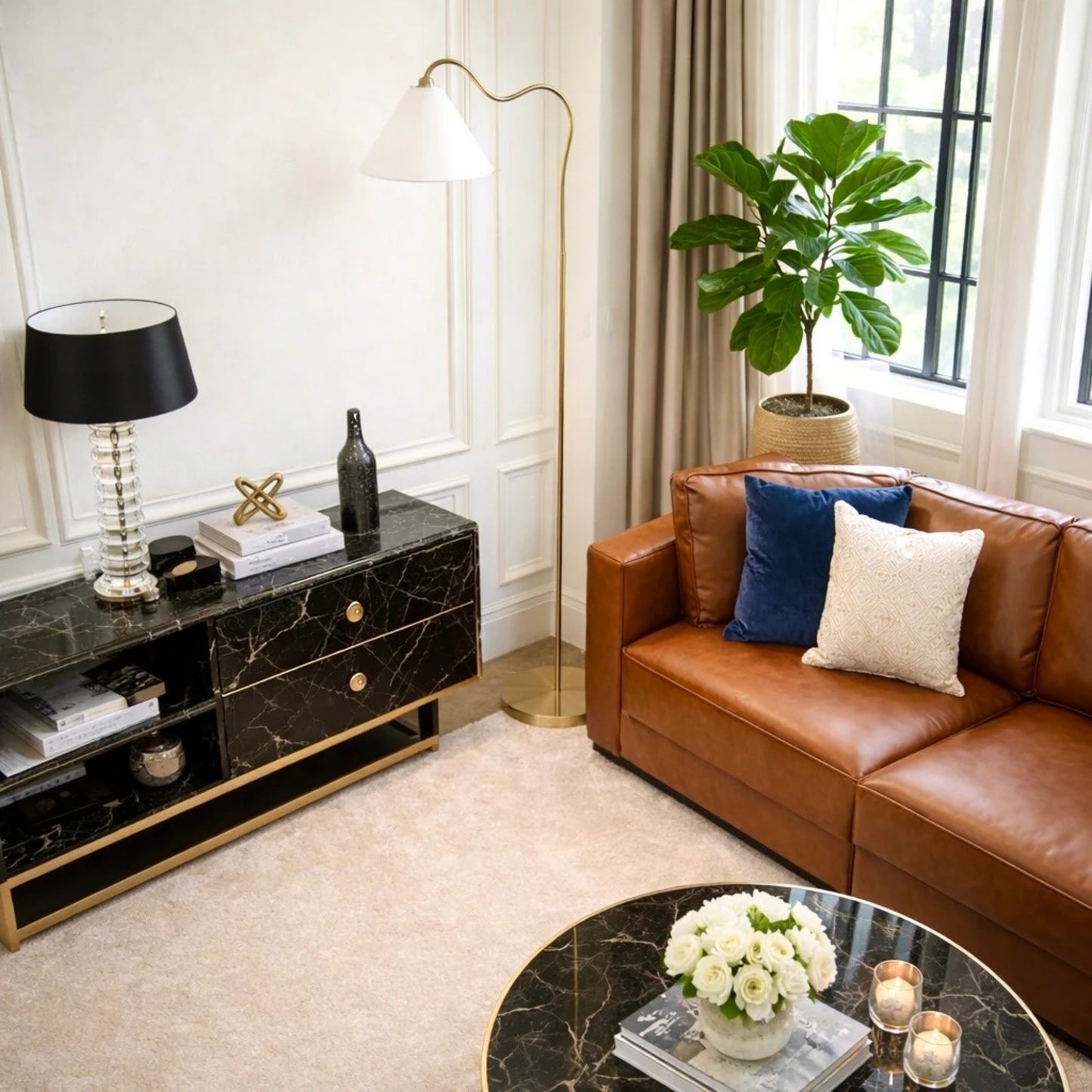 Majestic Brass Ring Base Curved Floor Lamp With Triangle White Drum