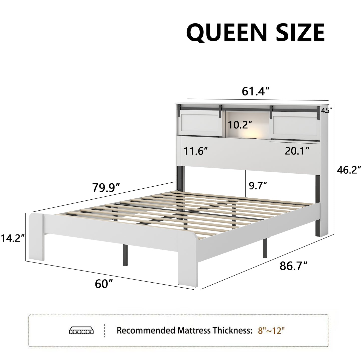 Queen Metal Platform Bed Frame with USB Charging Station - White