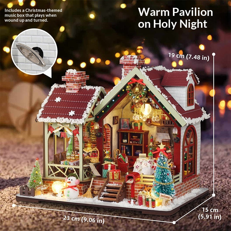 Miniature Wooden Cottage House Christmas Scene Toy with Dust Cover