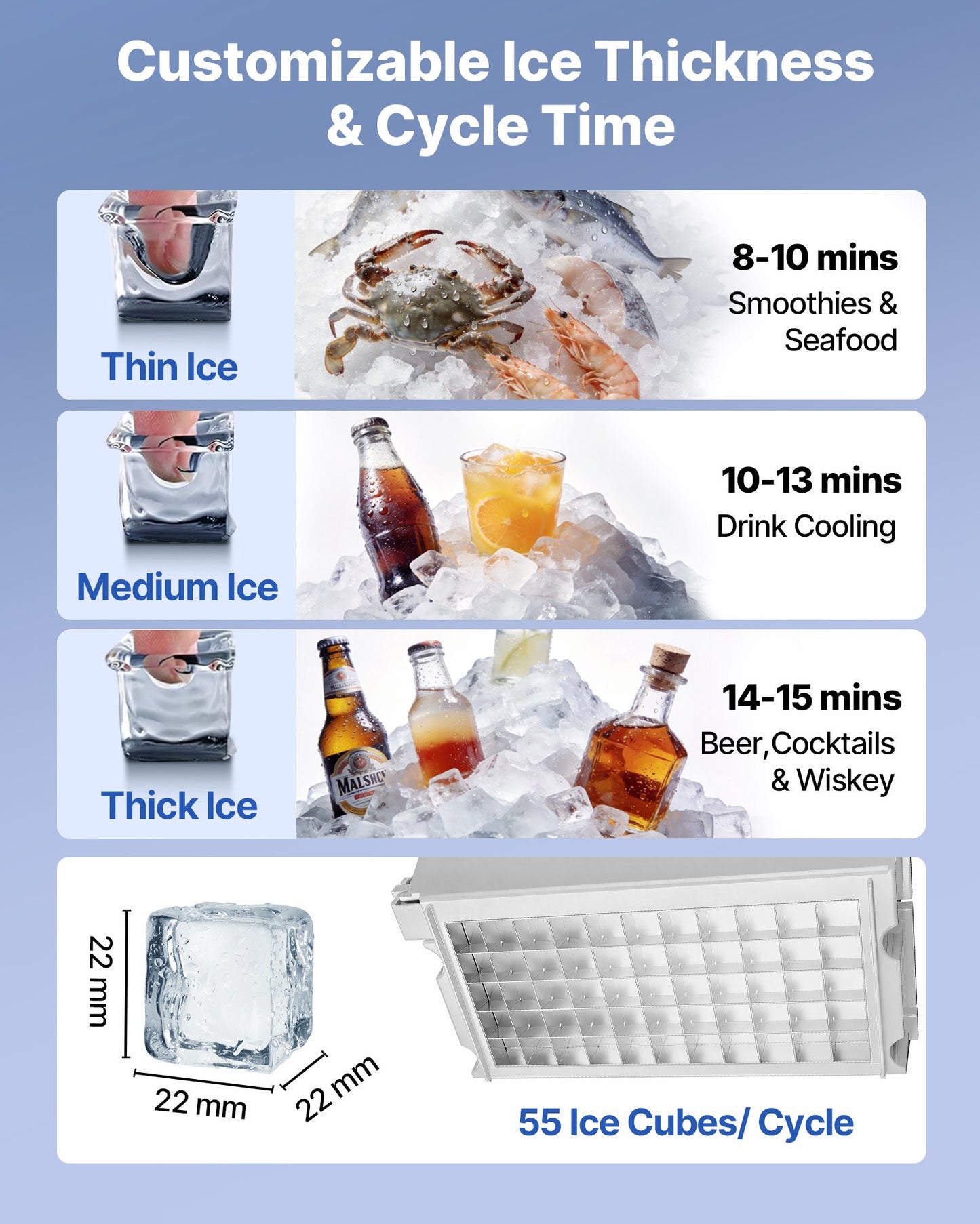 Commercial Ice Maker Machine 160Lbs/24h with 30Lbs Storage, Stainless Steel, LED Display, Self-Cleaning, Black