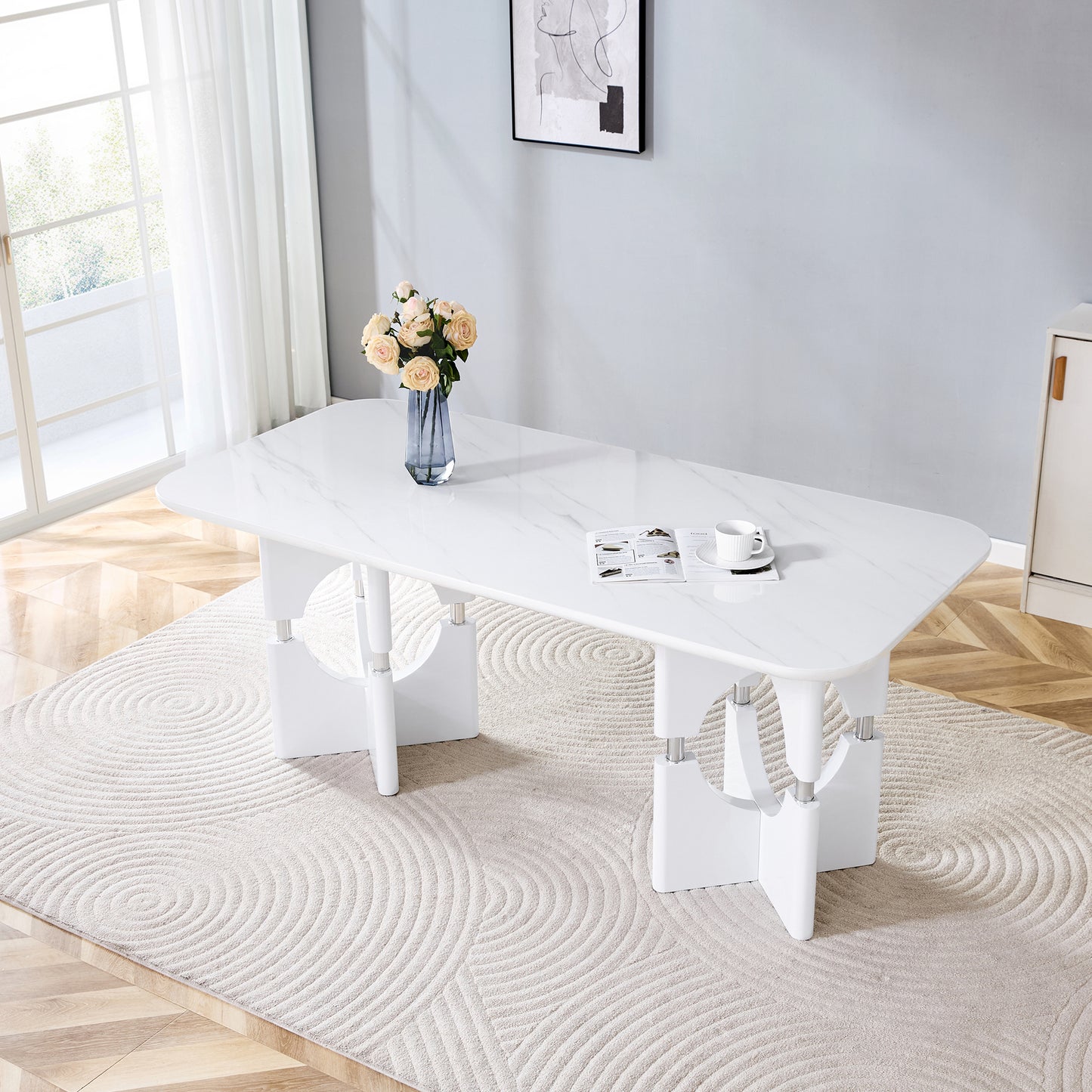 Modern White MDF Dining Table with Marble Pattern & Metal Frame