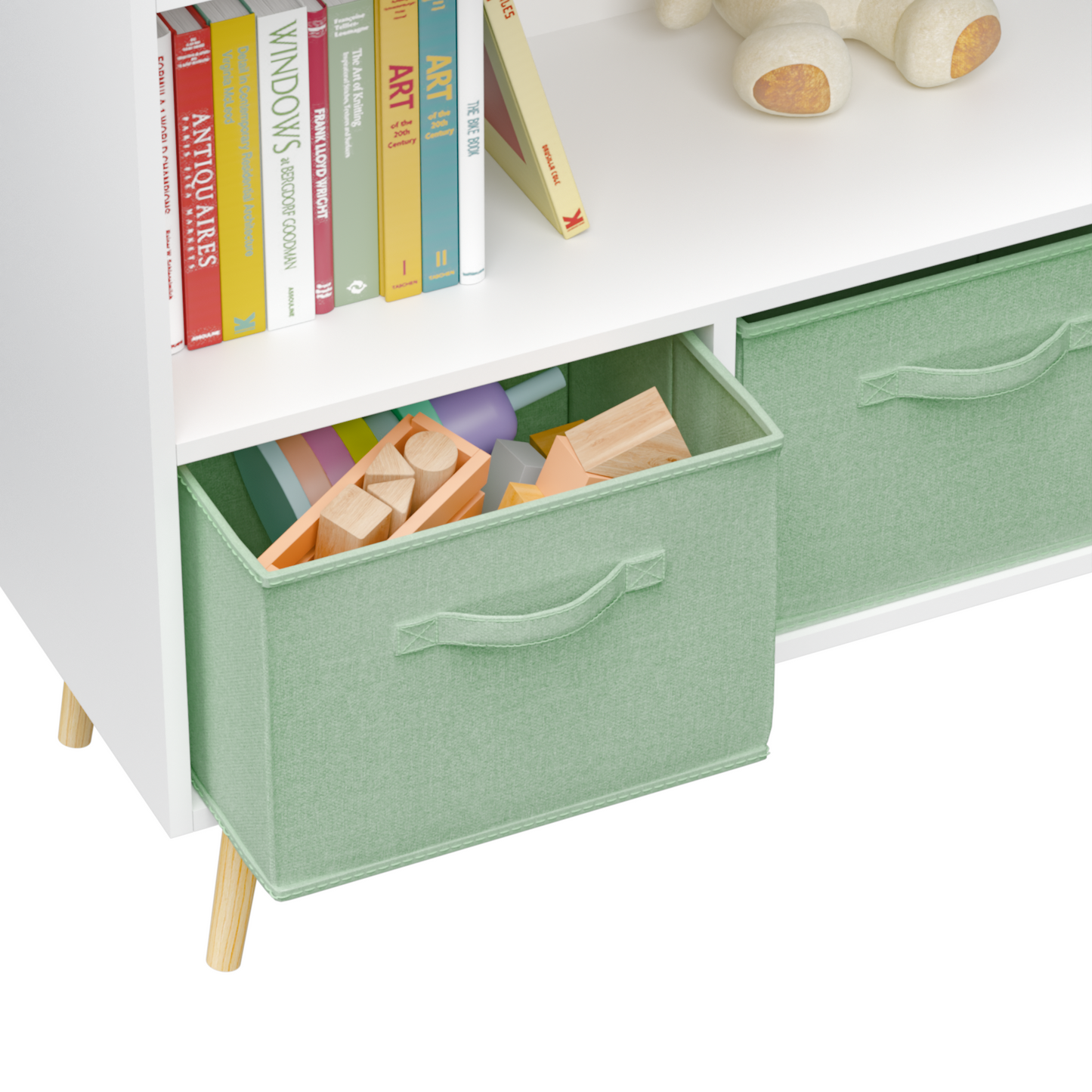 Kids Bookcase with Collapsible Fabric Drawers - White & Green