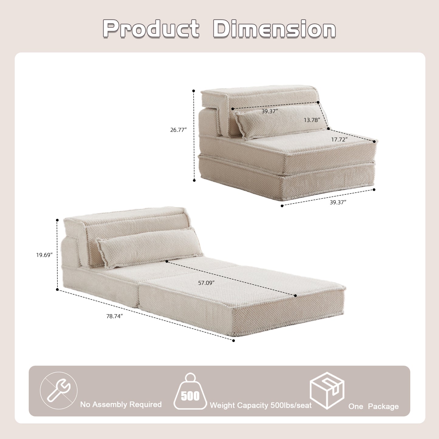 Convertible Floor Sofa Bed - Compression Mahjong Sofa in White