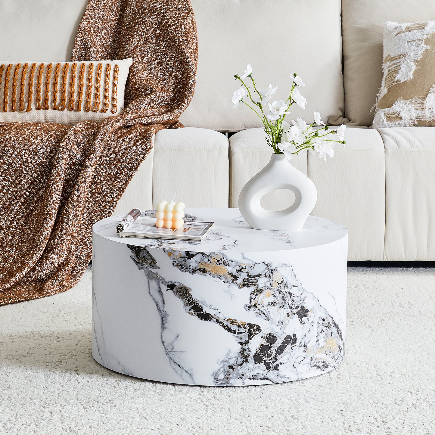 Simple White MarbleTexture Round MDF Coffee Table,23.6inDiameter