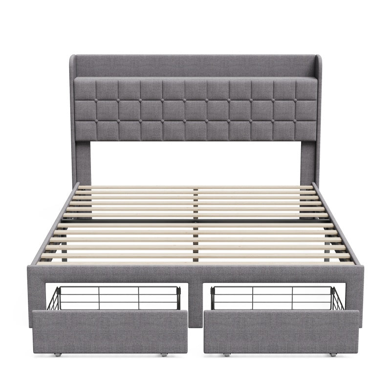 Full Size Upholstered Bed Frame with 2 Storage Drawers - Beige