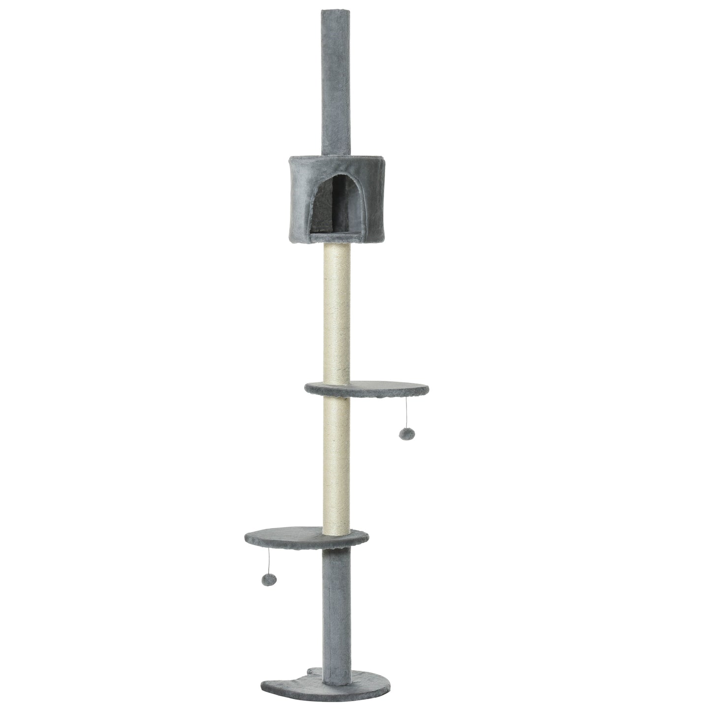 Height-Adjustable Floor-to-Ceiling Cat Tree with Scratching Posts & Toys - Light Grey