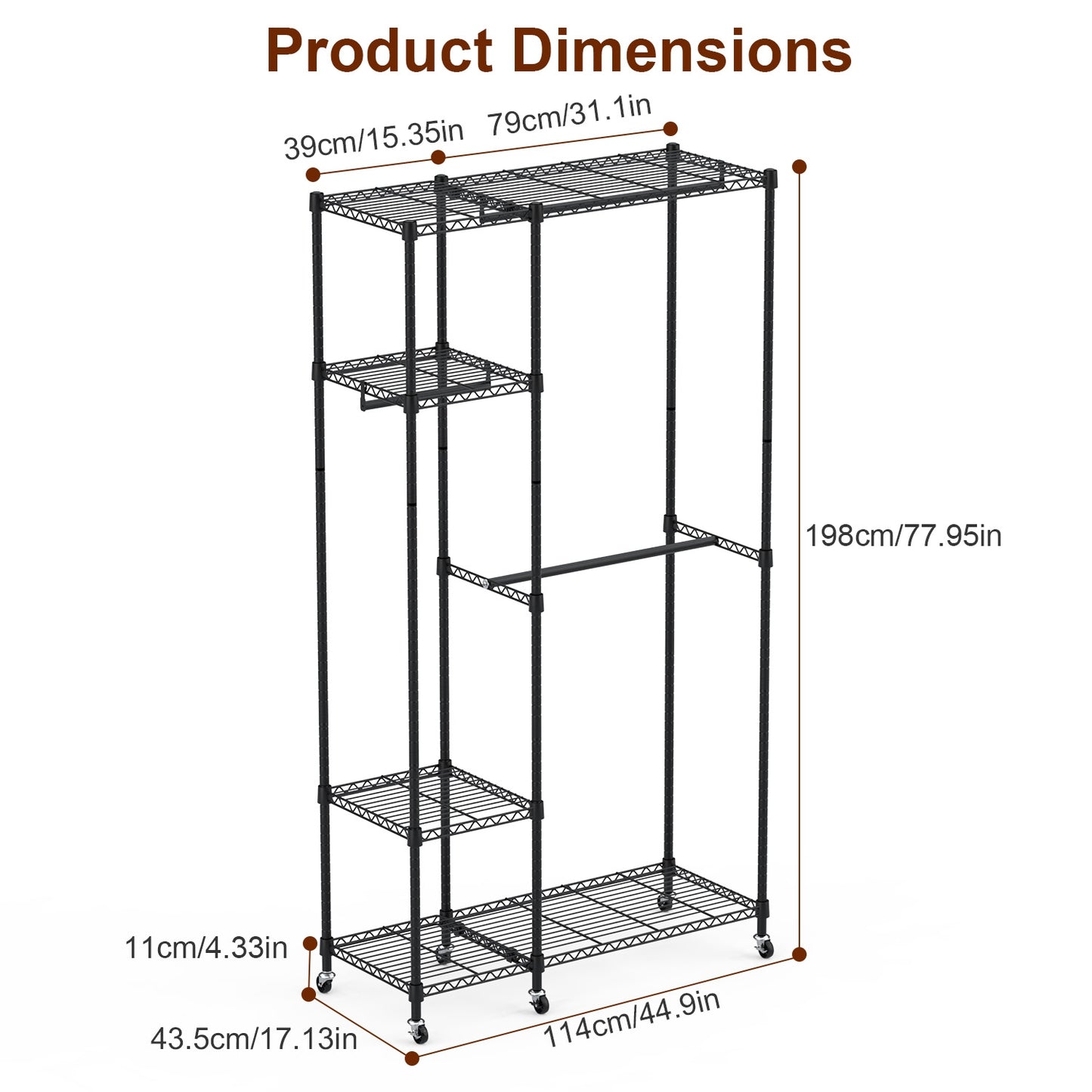 1Pc 4 Tier Heavy Duty Garment Rack With Wheels Carbon Steel Clothing