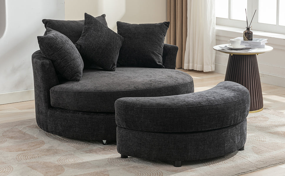360° Swivel Accent Barrel Chair with Storage Ottoman & 4 Pillows - Gray