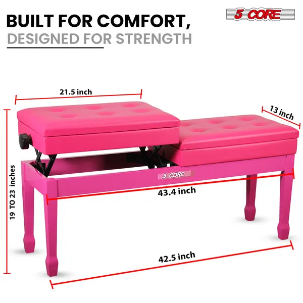 Padded Adjustable Piano Bench - 3.5 Inch Cushioned Stool with Storage - Cherry