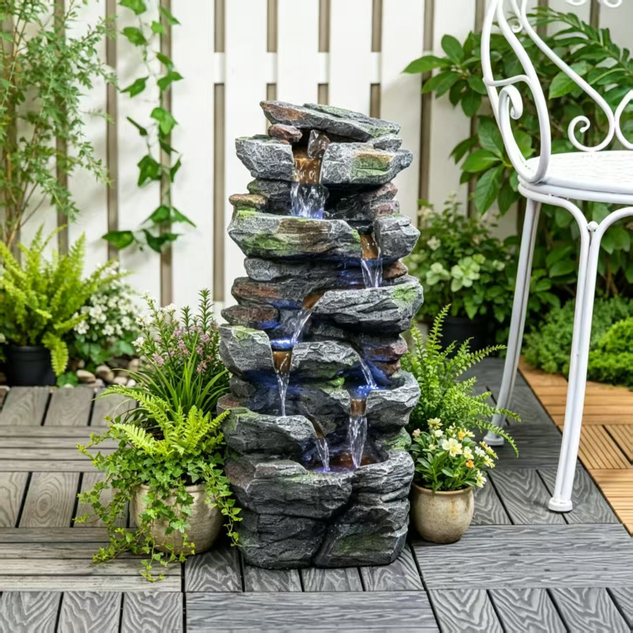 Outdoor Rock Waterfall Fountain with LED Lights for Garden Patio Lawn