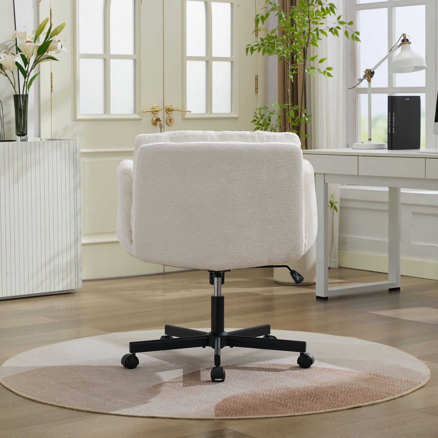 Chenille Swivel Office Chair - Height Adjustable with Armrests - Beige