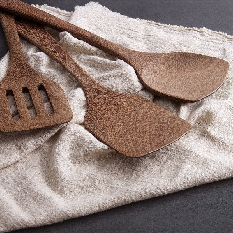 Long Handle Kitchen Spatula for Non-Stick Pans - Wooden Cooking Utensil Set