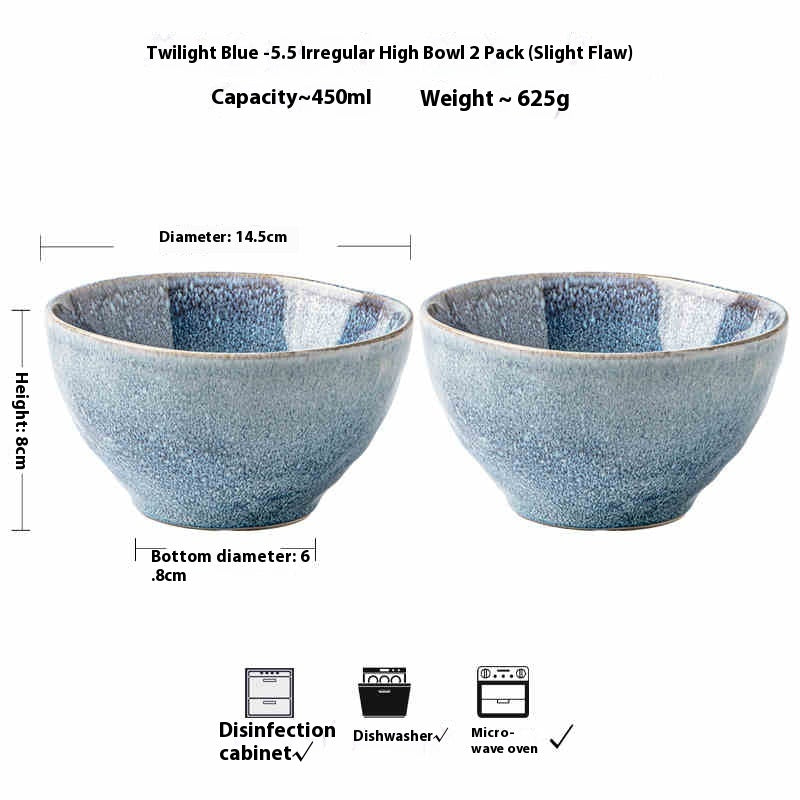 5.5-Inch Ceramic Wonton Rice Bowl - Twilight Blue, Set of 2