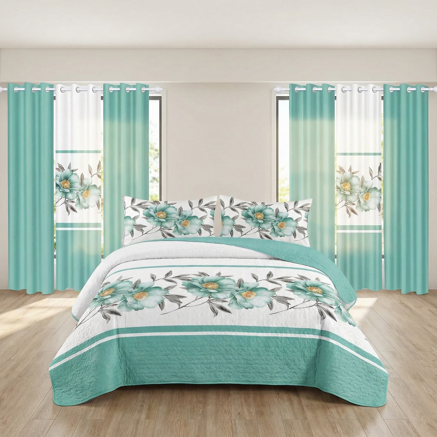 9-Piece Teal Floral Bedding Set with Customizable Curtains