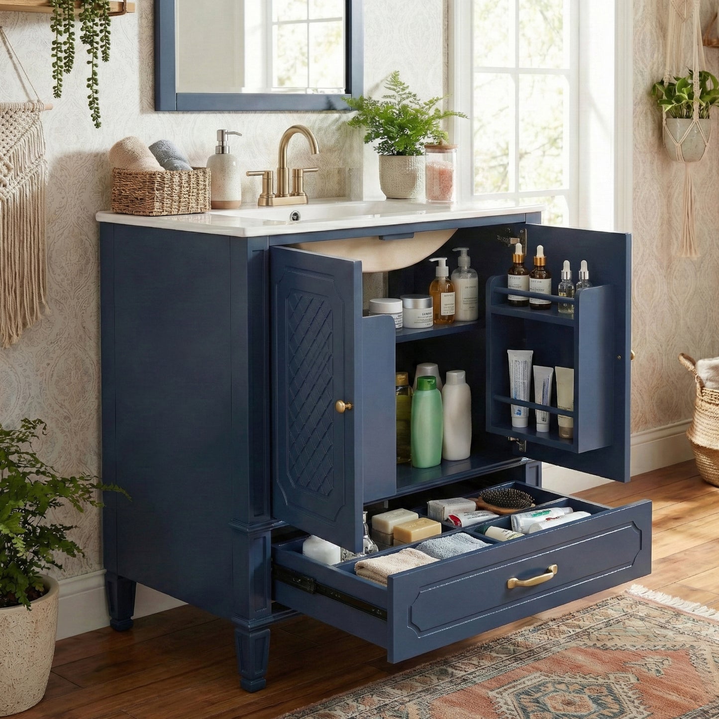 30" Vintage Bathroom Vanity with Sink - Blue, Multi-functional Storage