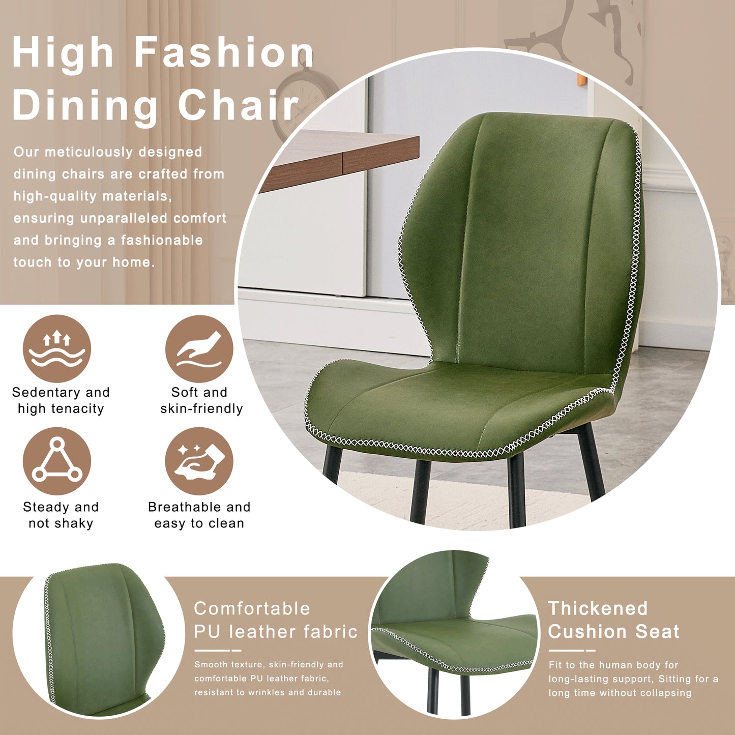 Retro Olive Green PU Dining Chairs - Set of 4 with Metal Legs