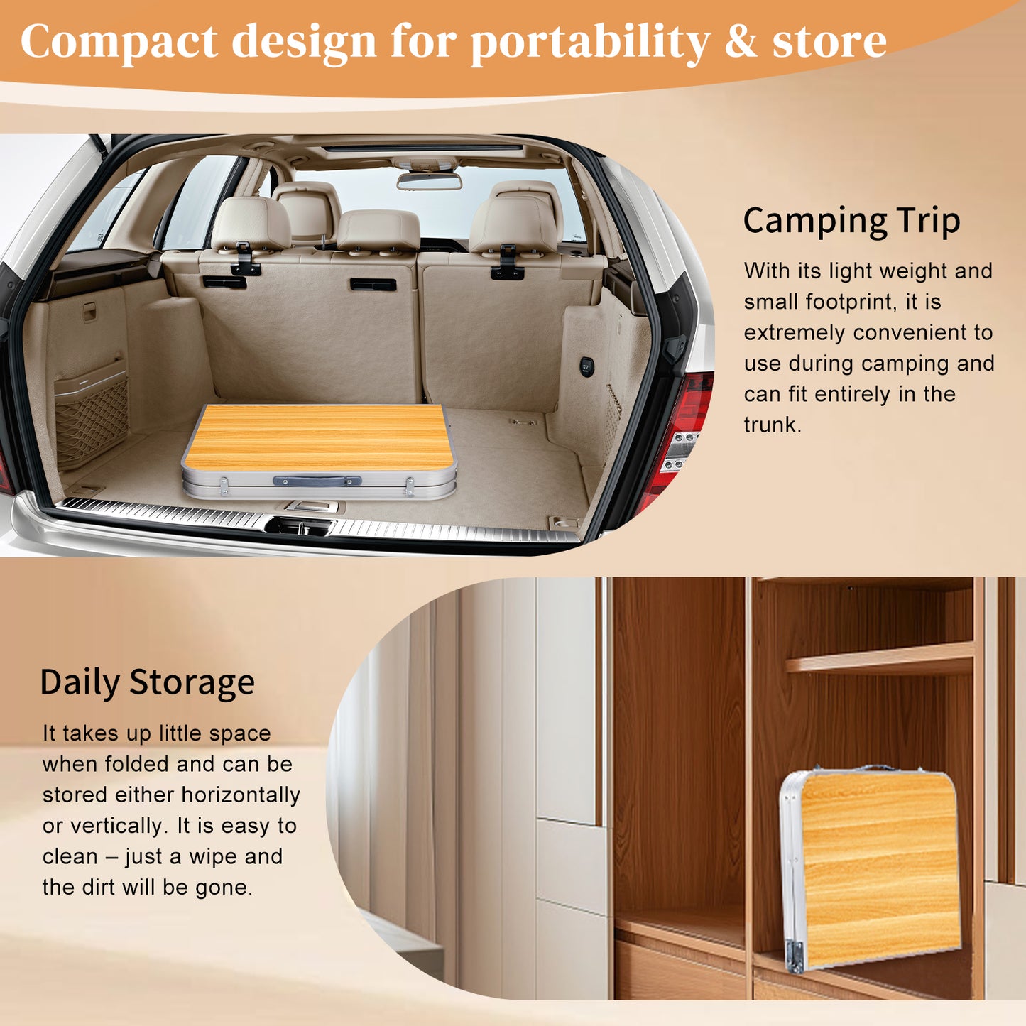 3ft Aluminum Alloy Folding Table - Wood Grain Outdoor Use