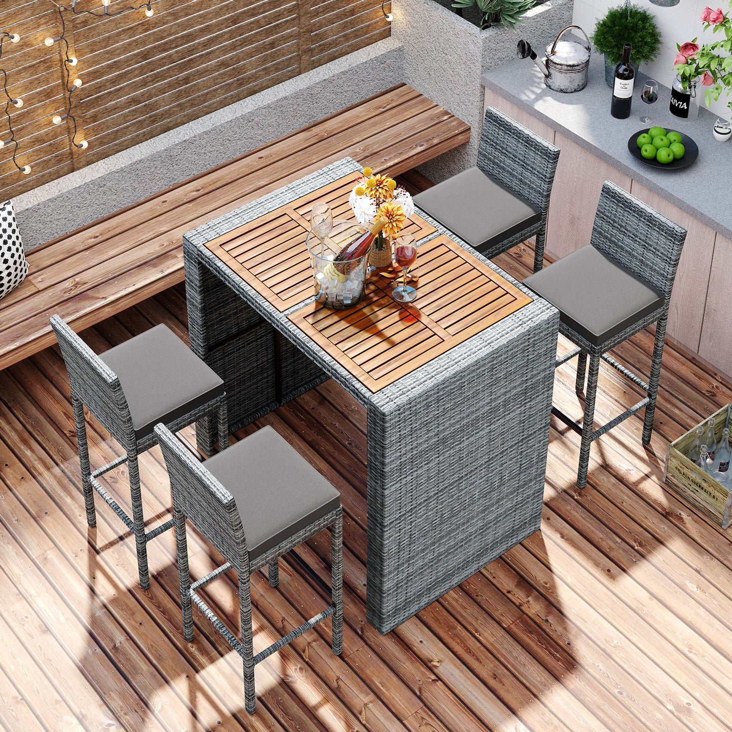 GO 5-pieces Outdoor Patio Wicker Bar Set, Height Chairs With Non-Slip