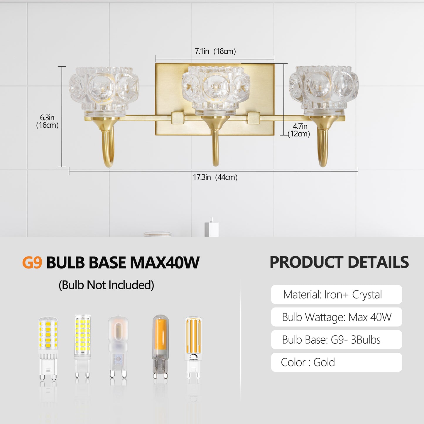 Modern Crystal Bathroom Vanity Light - 3-Light Wall Sconce