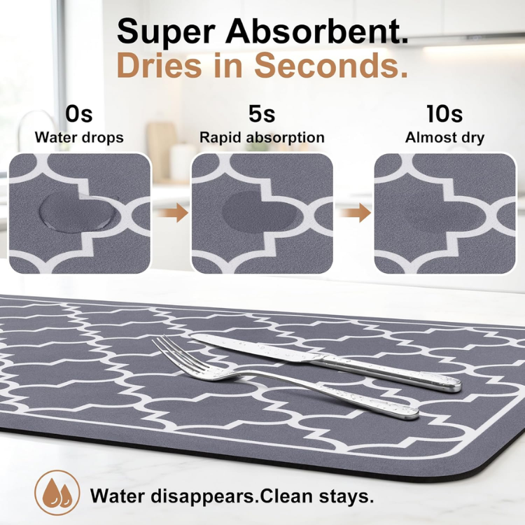 Large Absorbent Dish Drying Mat for Kitchen Counter - Gray, 15x18 Inches