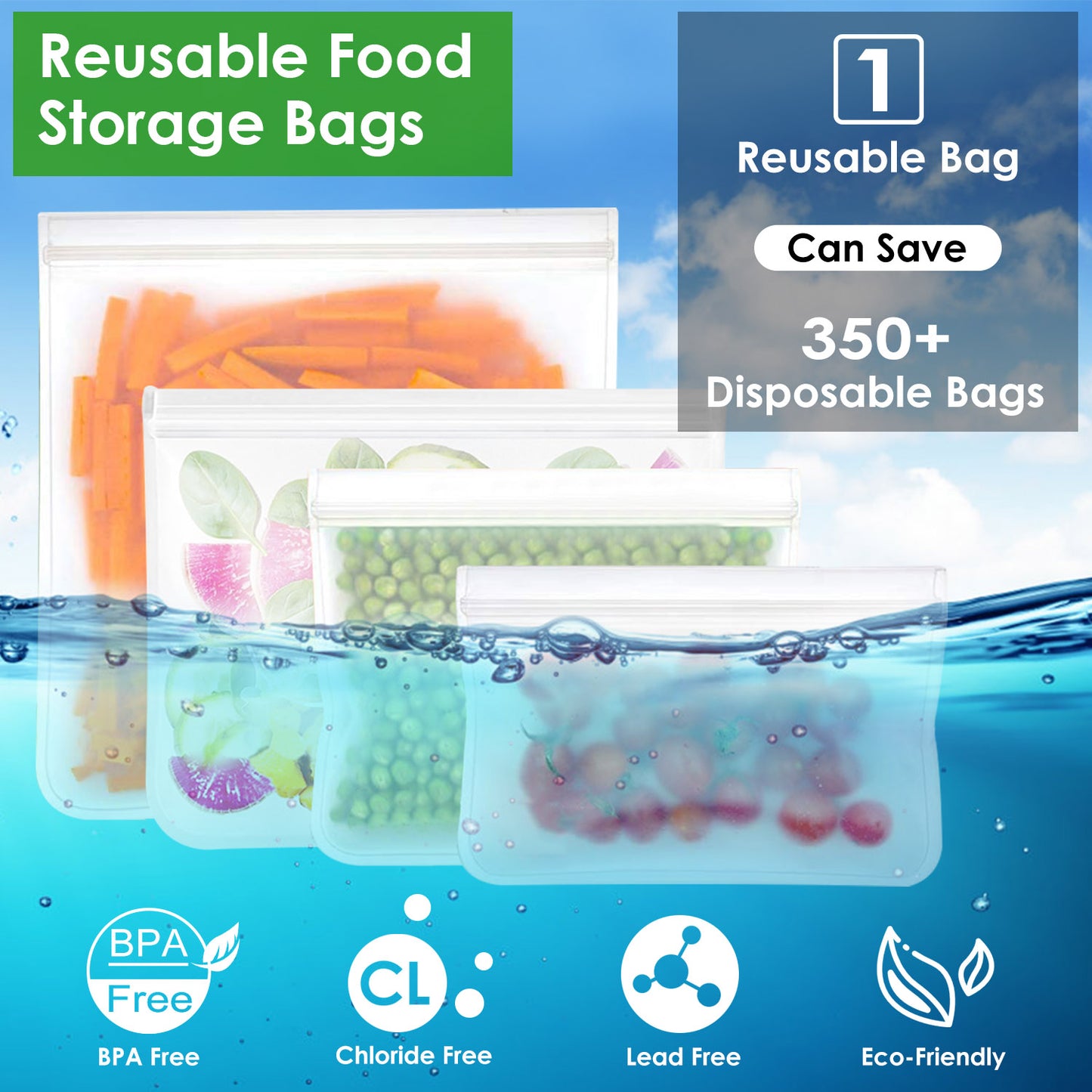 20 Pcs Reusable Food Storage Bags - Leakproof & BPA Free