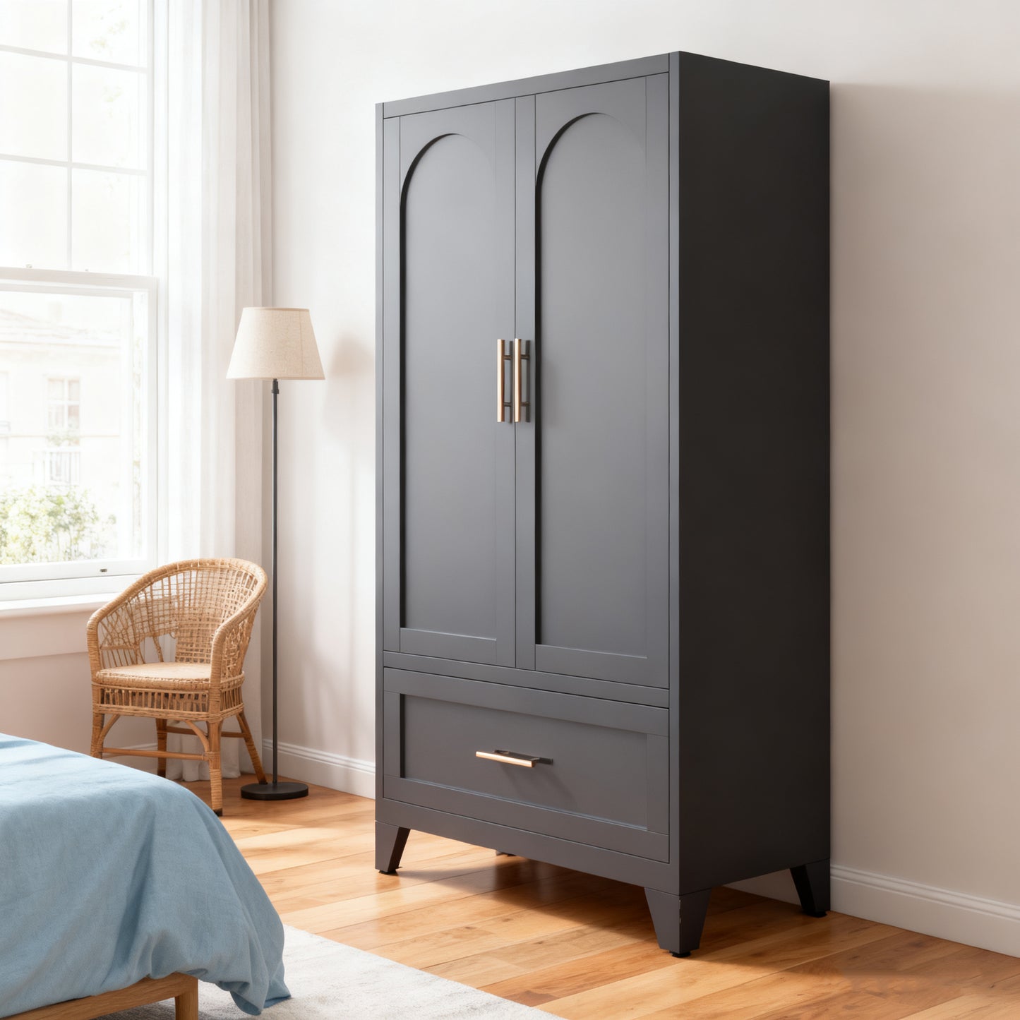 60-Inch Tall Metal Wardrobe Cabinet with Drawer and Shelf - Black