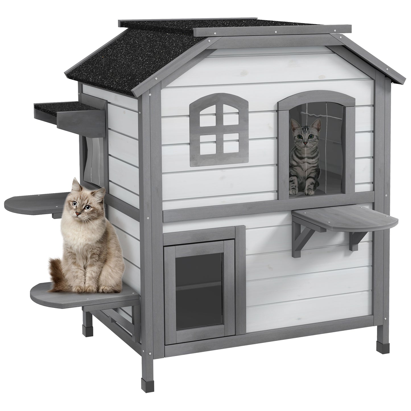 Wooden Outdoor Cat House with 2 Tiers and Openable Asphalt Roof - Feral Cat Shelter
