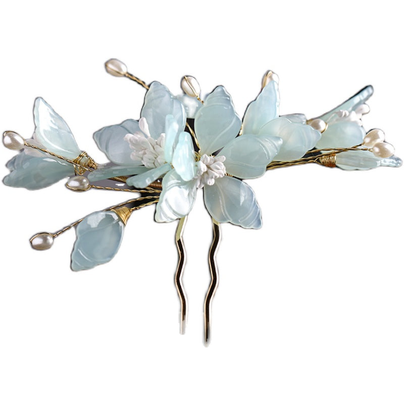 Hanfu Hair Comb - Fairy Flower Hairpin with Gemstone Inlay