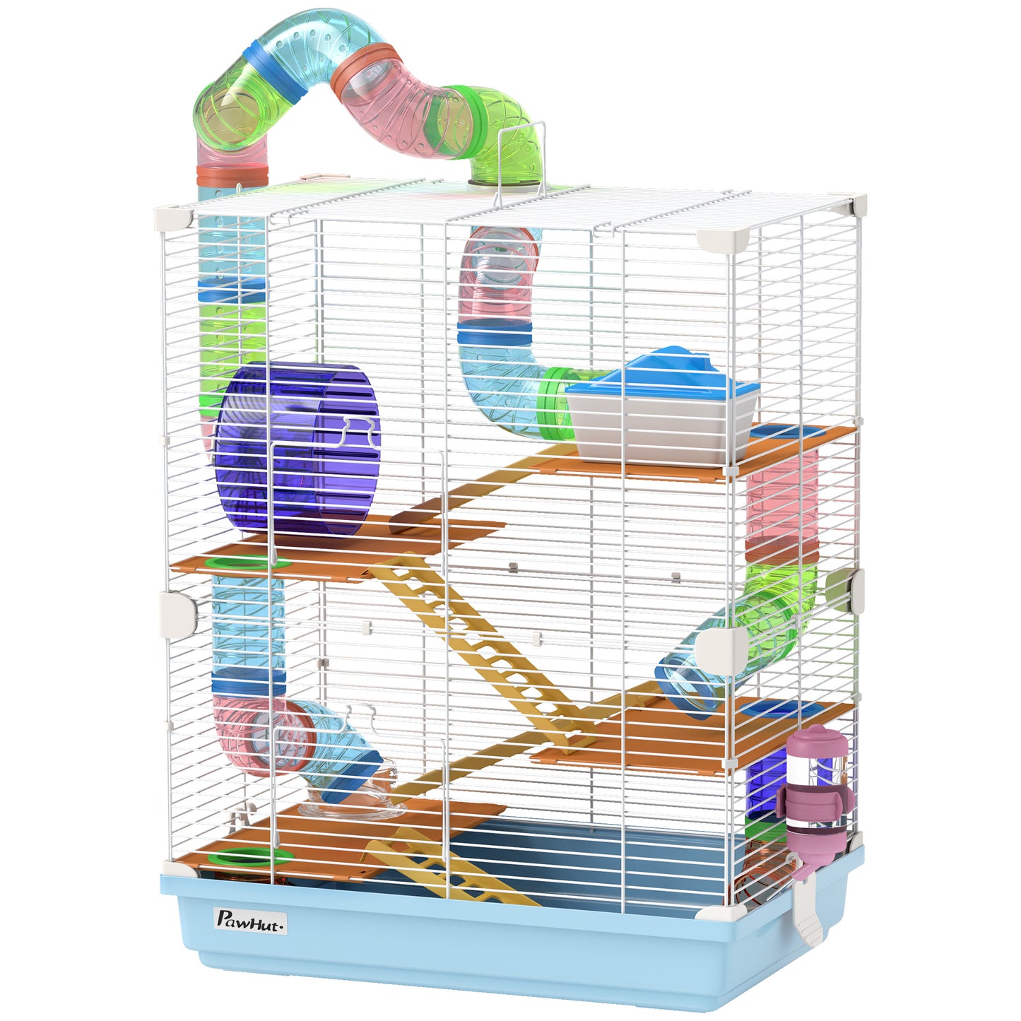 Portable Hamster Cage with 5 Tiers, Exercise Wheel & Tubes - Light Blue