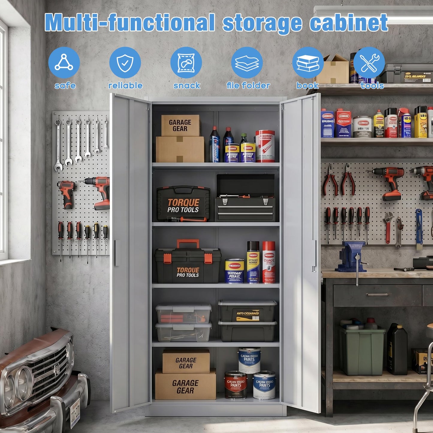 Lockable Metal Garage Storage Cabinet with 4 Adjustable Shelves - Gray