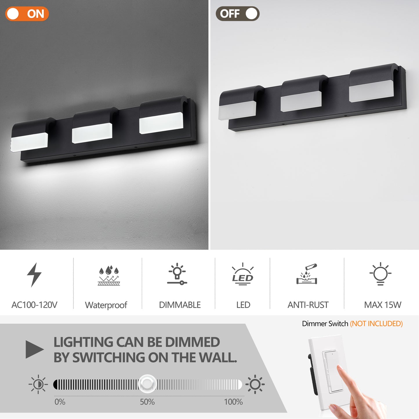 Dimmable LED Vanity Light Fixture - Matt Black 3 Lights