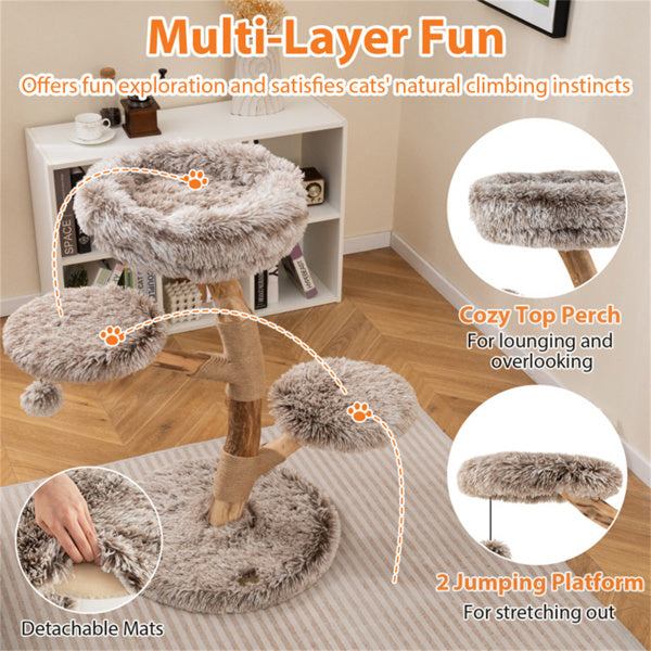 Natural Pear Wood Cat Tree with Scratching Posts & Plush Balls - Multi-Level Cat Furniture