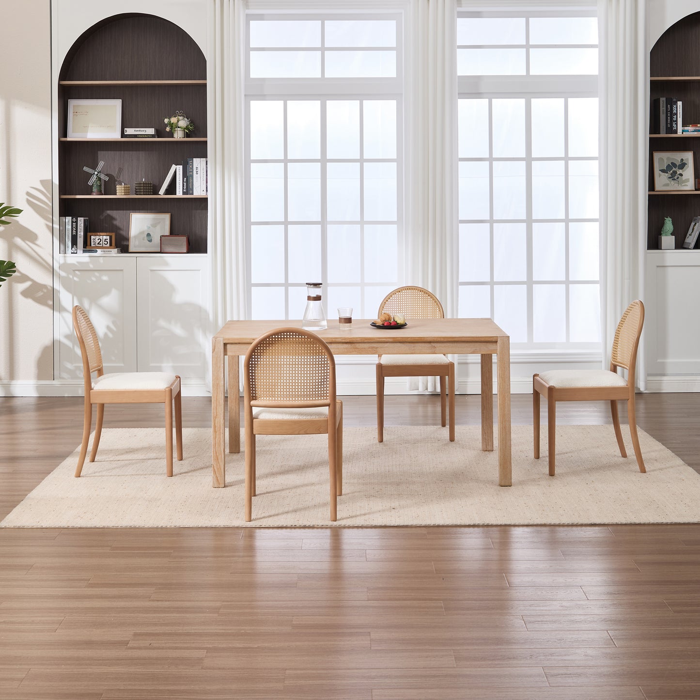 Beige Rattan Dining Chairs Set of 2 - Upholstered Kitchen Seating