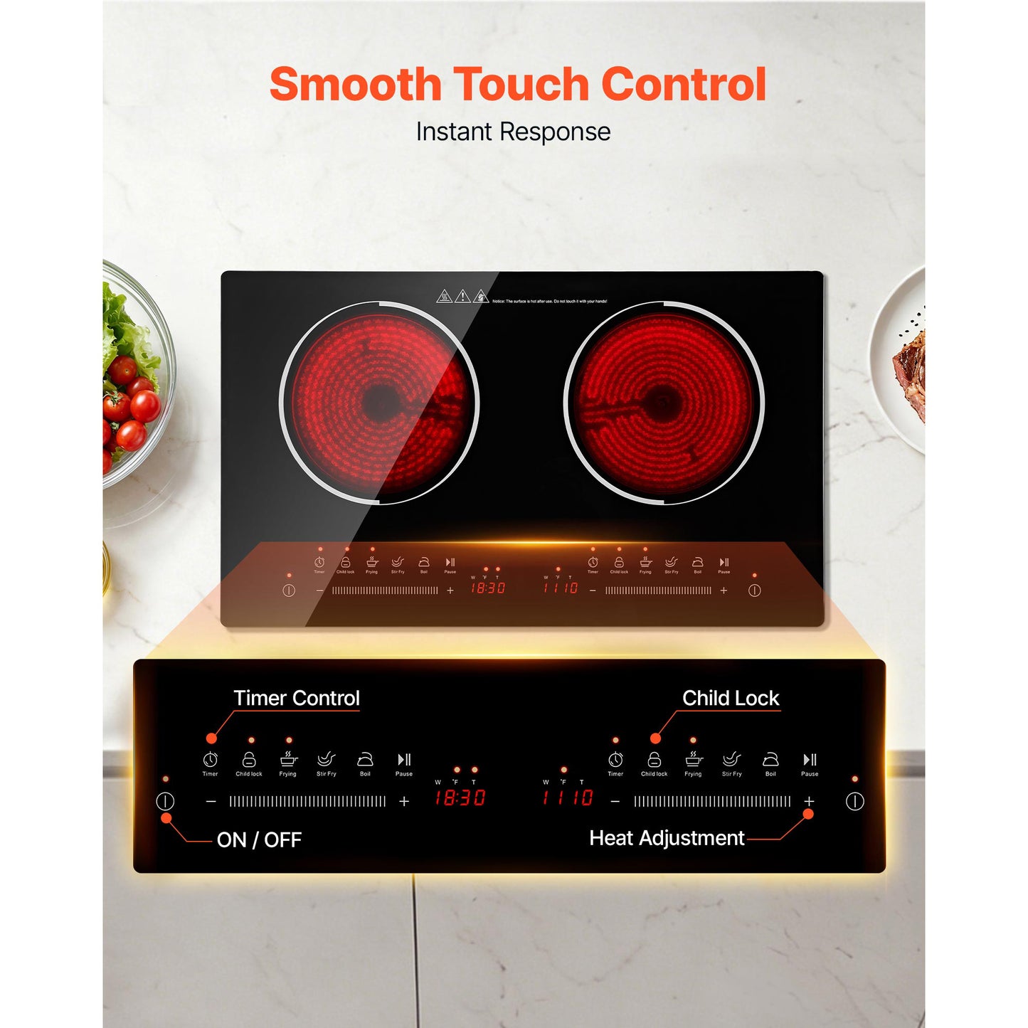 24-Inch Electric Cooktop with 2 Burners, 1800W Portable Stove, Touch Control, Timer & Safety Features