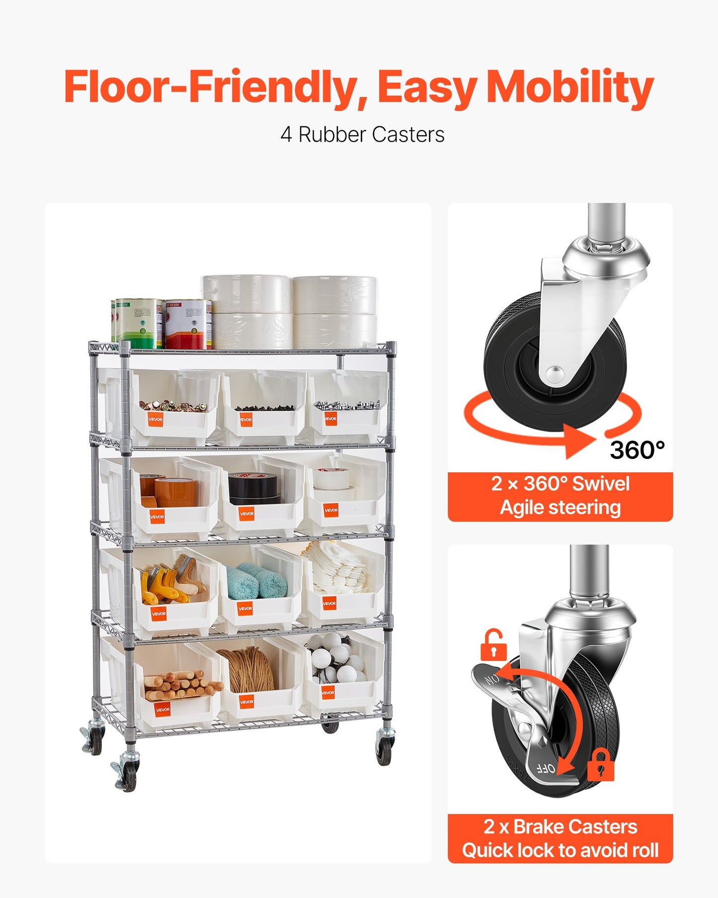 5-Tier Rolling Storage Rack with 12 Bins for Garage & Warehouse