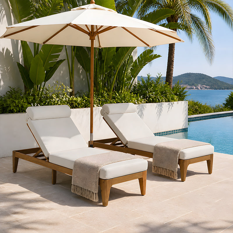 Acacia Wood Chaise Lounge Set - Outdoor Recliner with Adjustable Backrest & Pillows - Beige