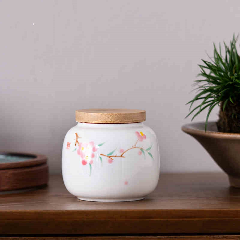 Hand Painted Peach Blossom Tea Jar Chinese Style Ceramic Storage Bottle