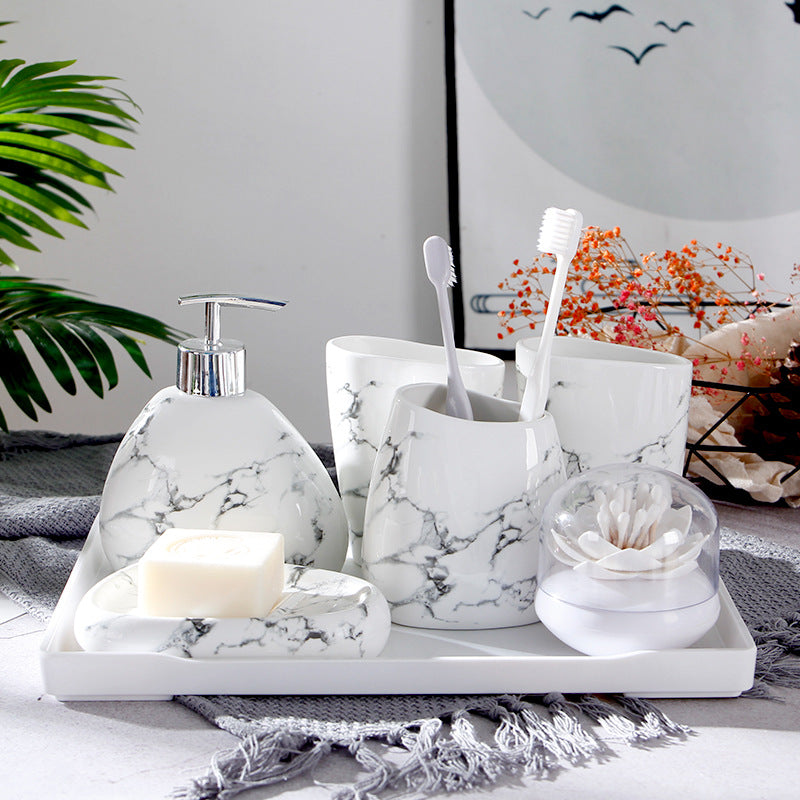 Marble Texture Ceramic Mouthwash Cup Bathroom Set - 5 or 6 Pieces