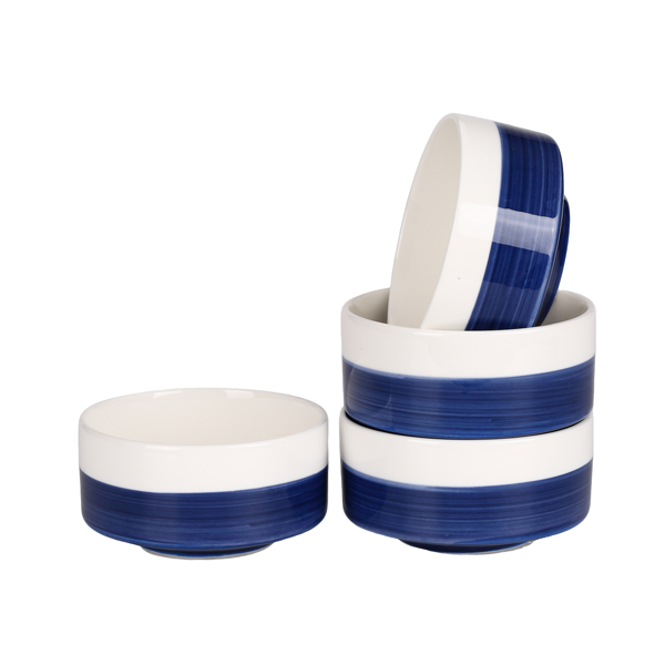 10 oz White-Blue Ceramic Bowls Set of 4 - Microwave & Dishwasher Safe