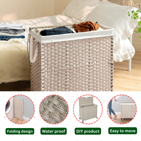 Laundry Hamper with Lid and Wheels - 160L Gray Rattan