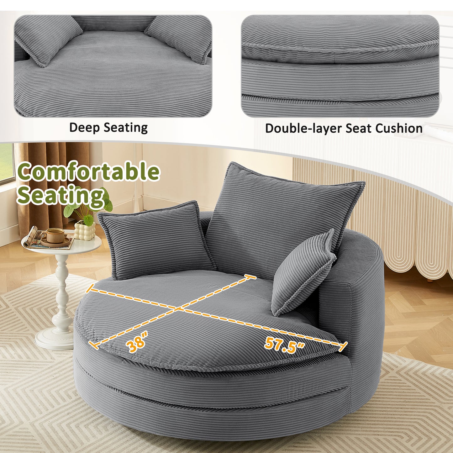 360° Swivel Barrel Chair with Dual-Layer Cushion - Grey