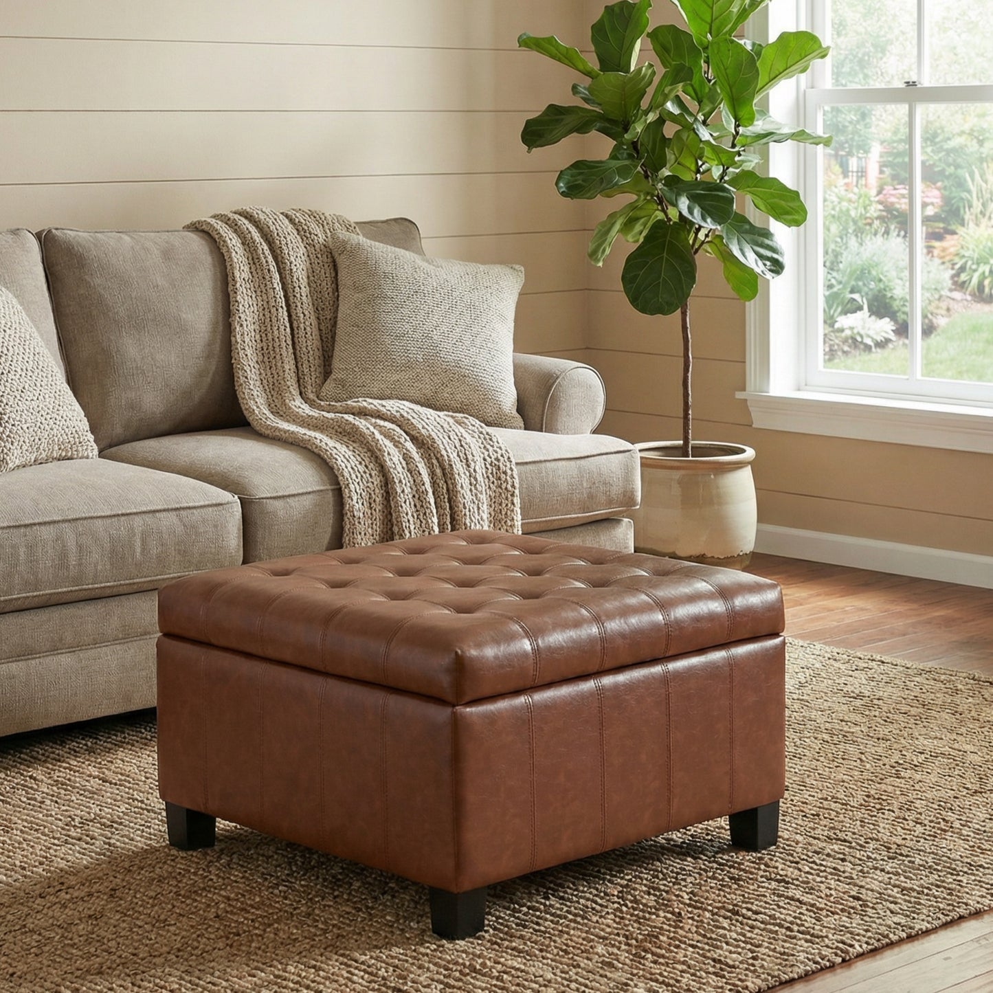Light Brown PU Storage Ottoman with Lift-Top, 30.25" Square