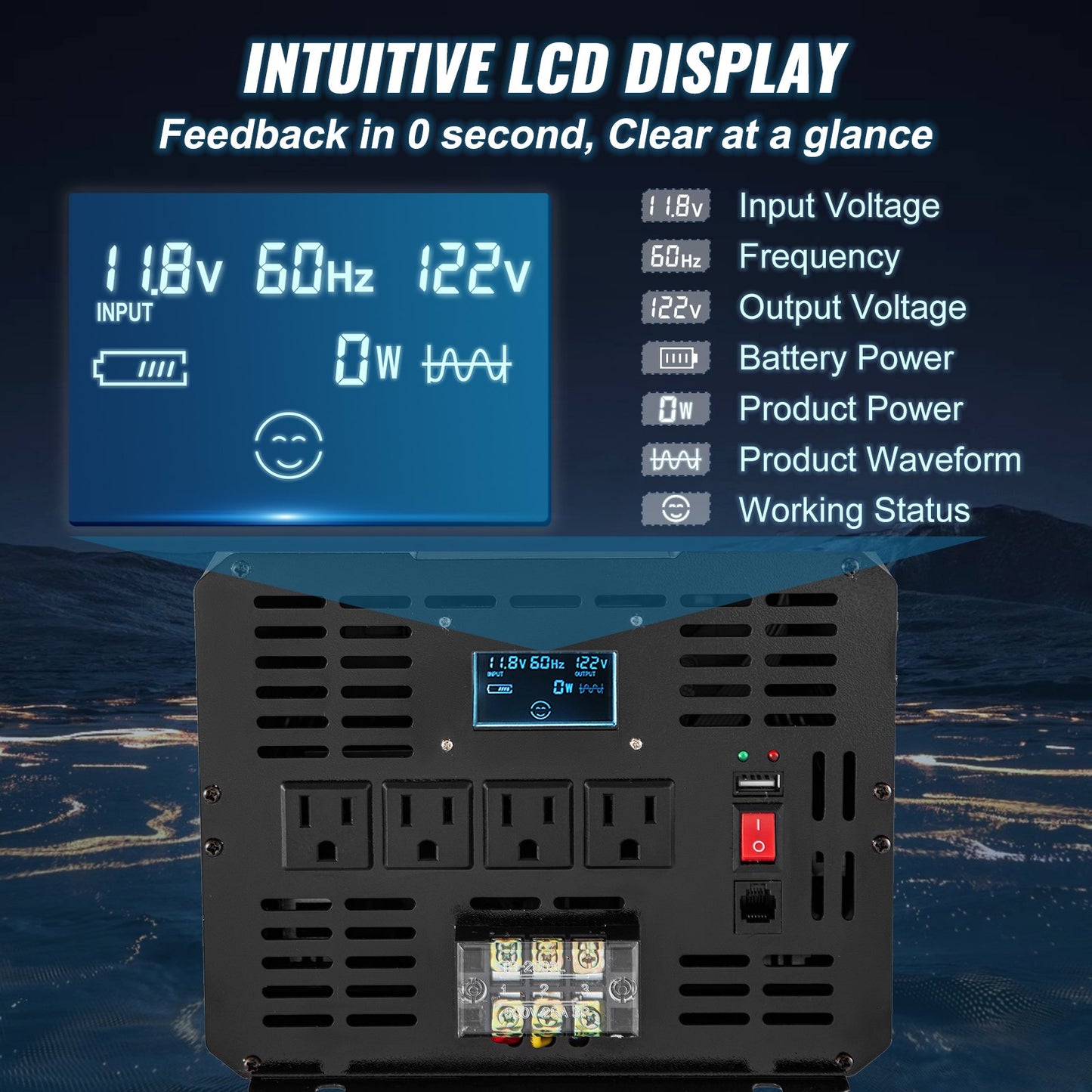 5000W Pure Sine Wave Power Inverter 12V DC to 120V AC with LCD Remote