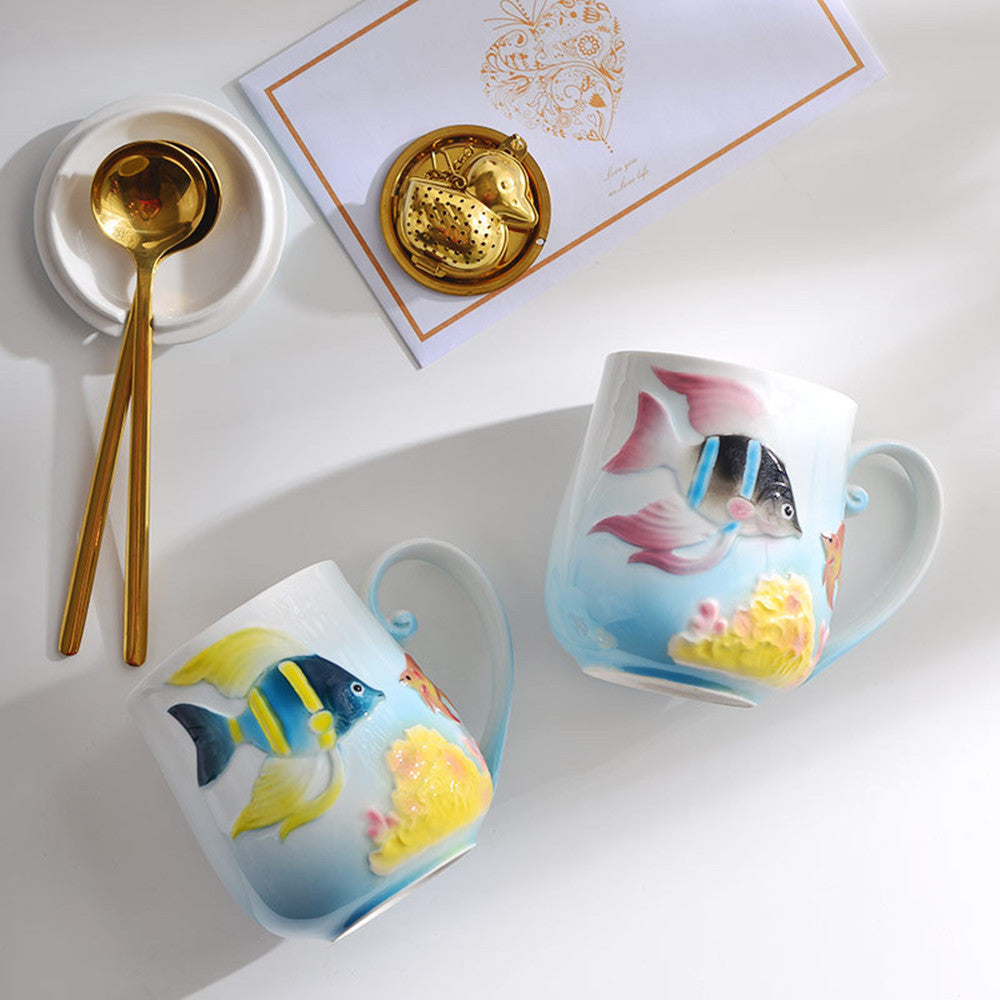 Cute Fish Enamel Porcelain Mug with Lid and Spoon - 350ml