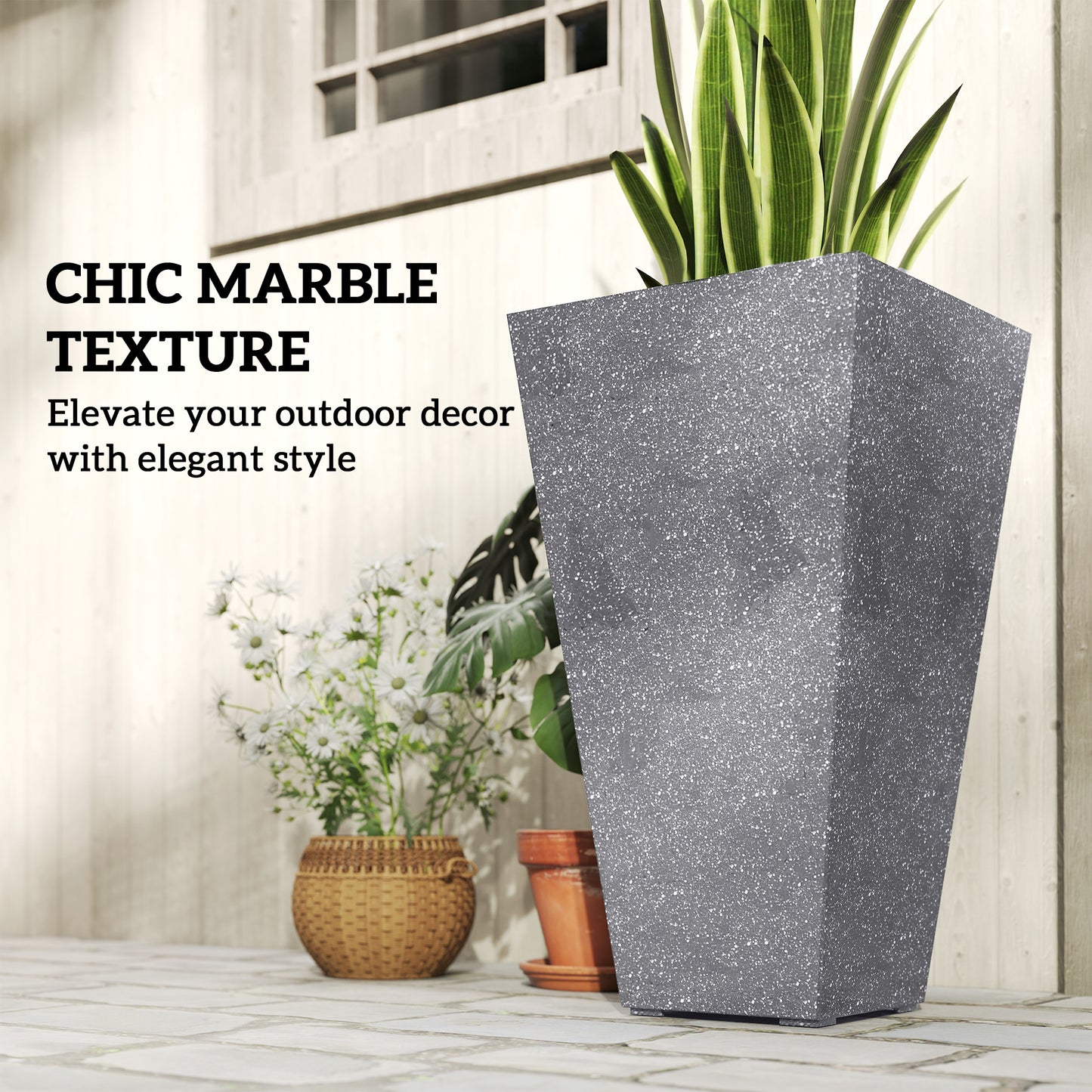 28-Inch Tall Plastic Planters Set of 3 with Marble Finish and Drainage Holes