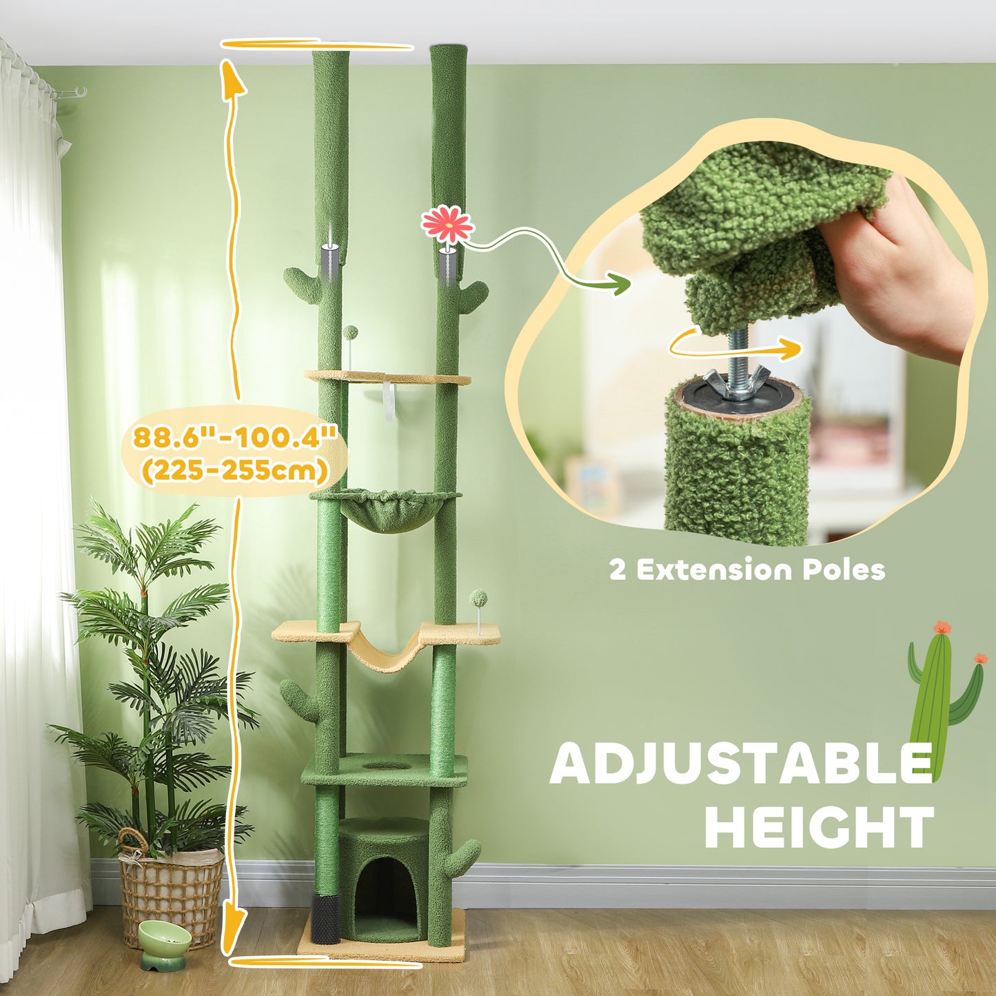 Adjustable Floor-to-Ceiling Cat Tree with Condos & Hammocks - Green