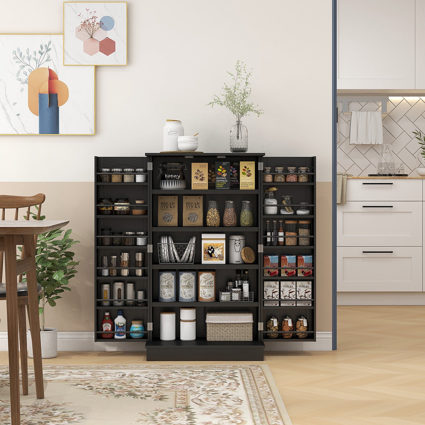 Freestanding Kitchen Pantry Cabinet with 5-Tier Shelving - Black