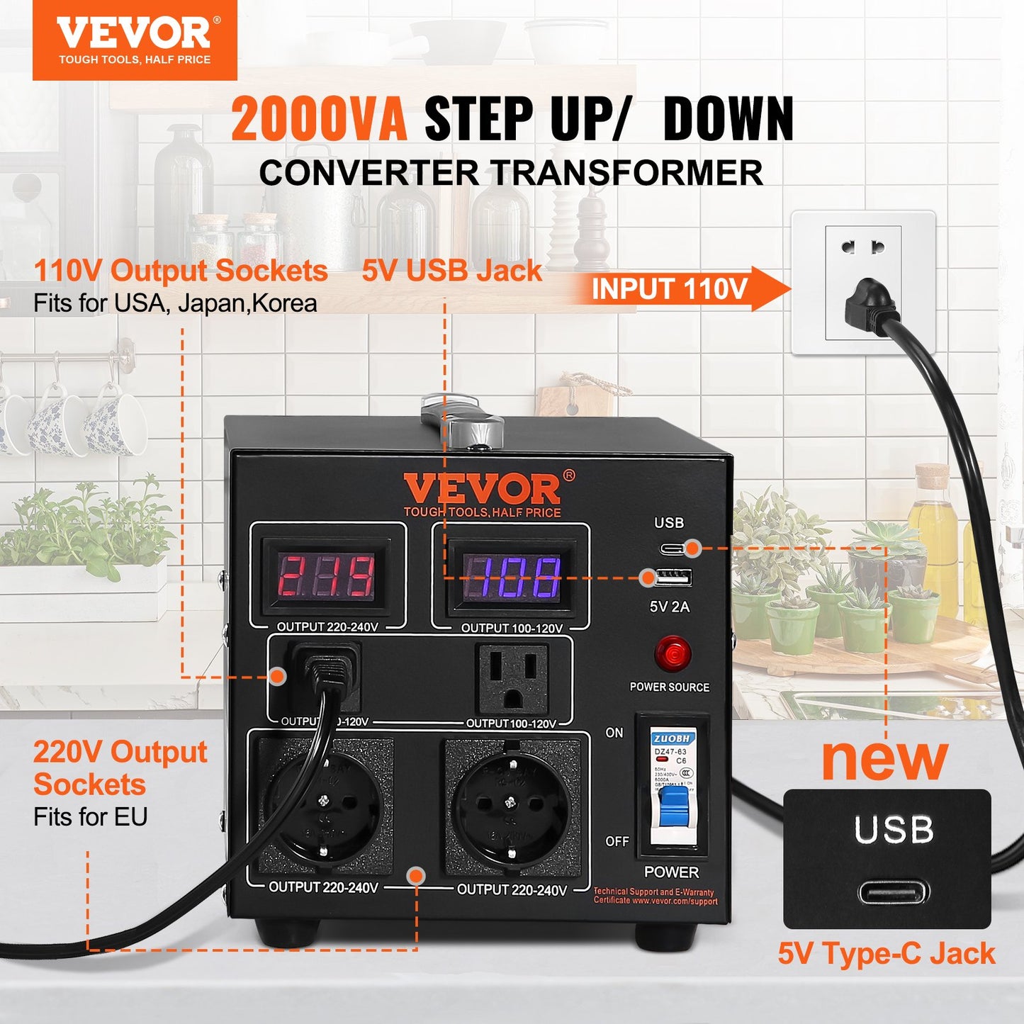 2000W Voltage Converter Transformer - Step Up/Down Power Supply with US & EU Outlets, USB Port