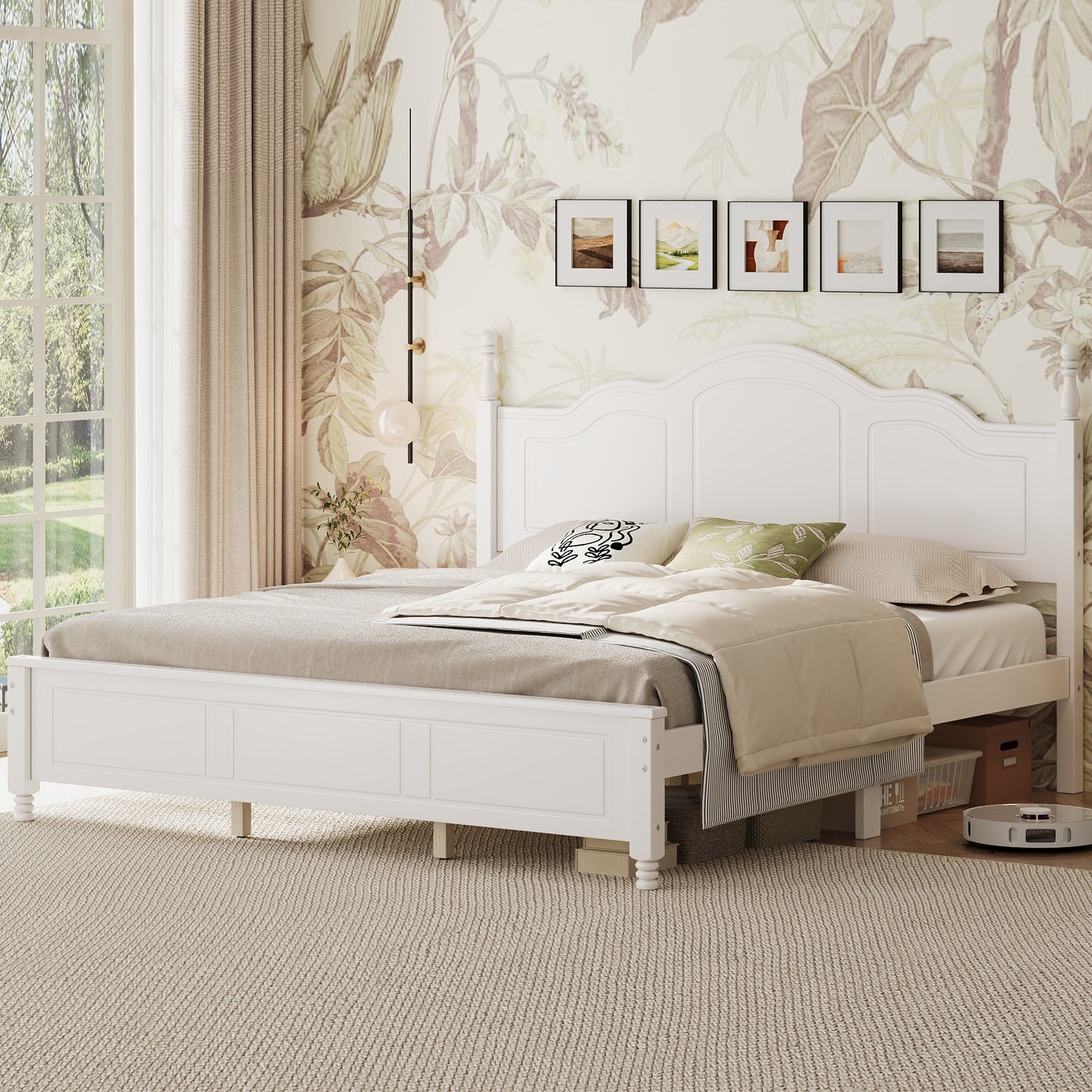 King Size Platform Bed Frame With Retro Wave Headboard, Wooden Slat